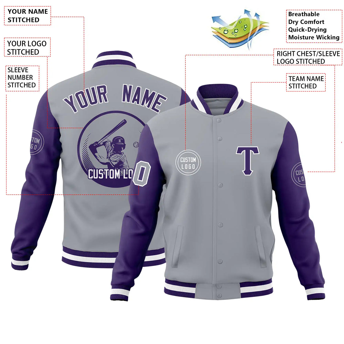 Custom Gray Purple Bomber Full-Snap Varsity Letterman Two Tone Jacket