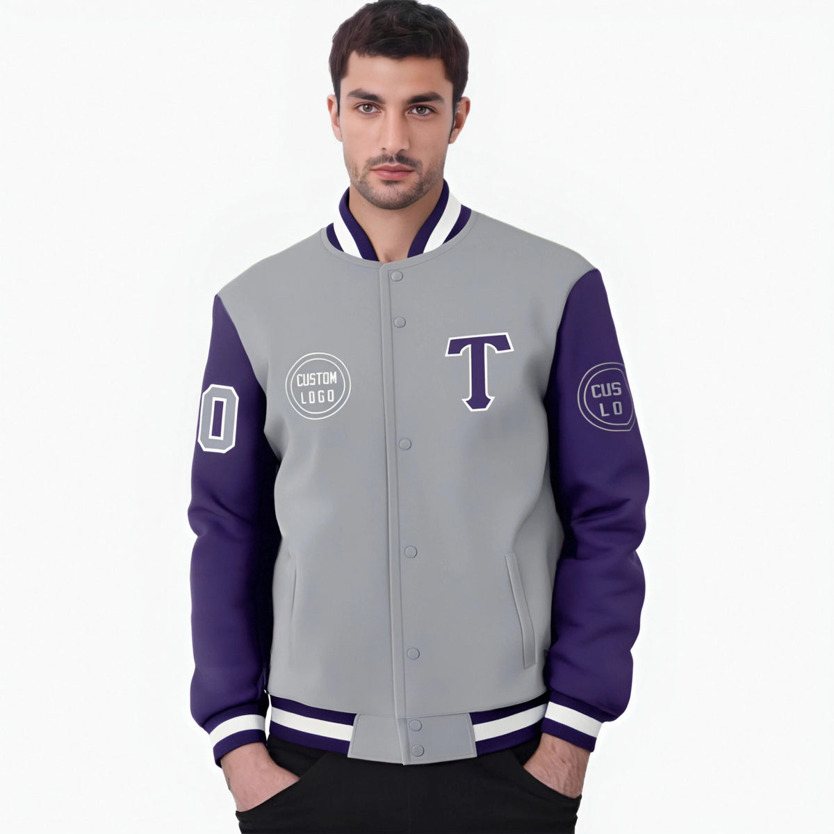 Custom Gray Purple Bomber Full-Snap Varsity Letterman Two Tone Jacket