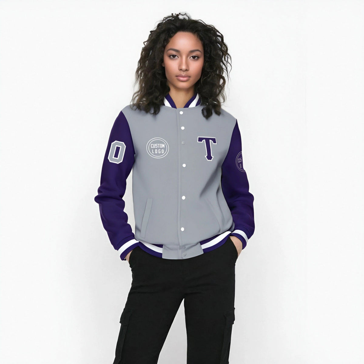 Custom Gray Purple Bomber Full-Snap Varsity Letterman Two Tone Jacket