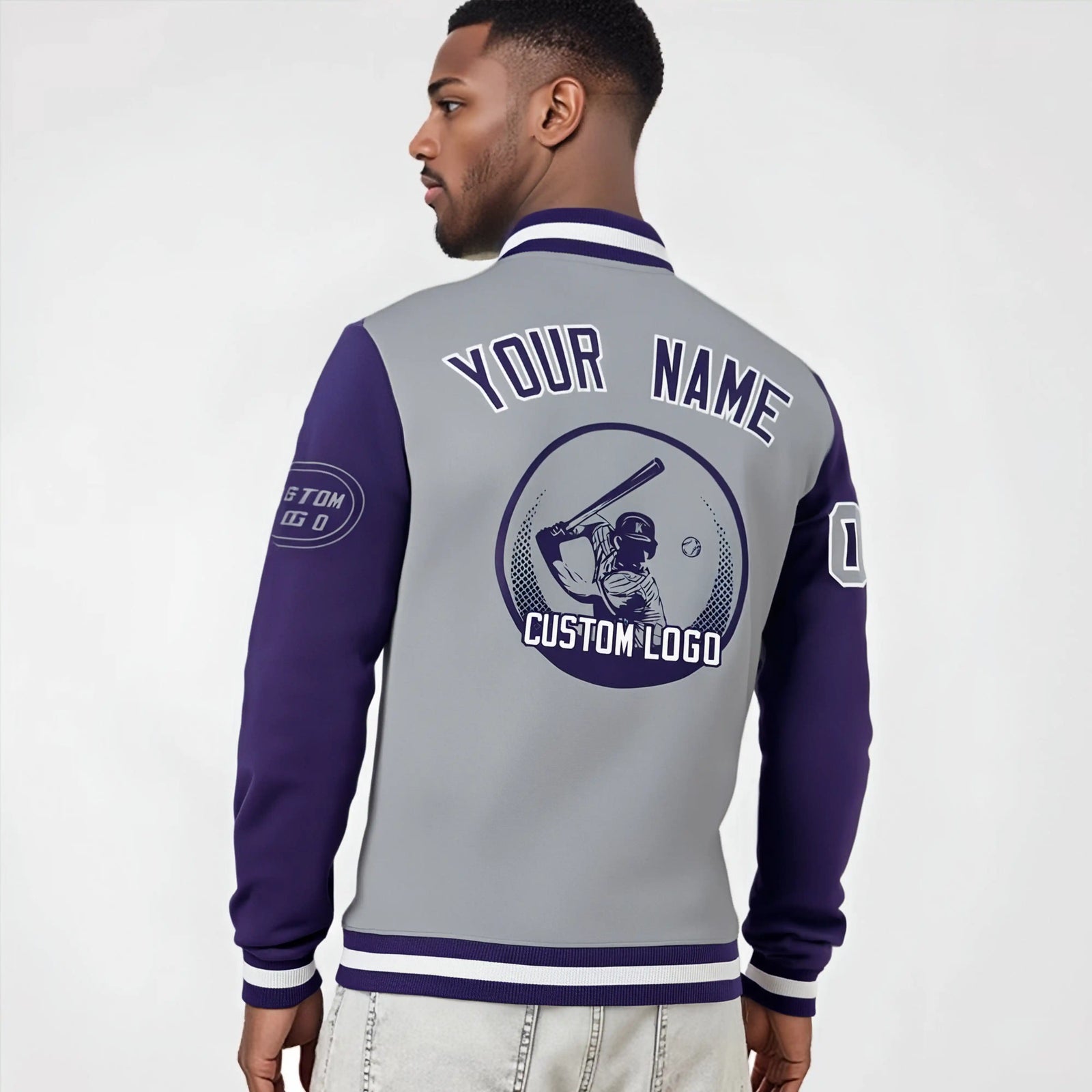 Custom Gray Purple Bomber Full-Snap Varsity Letterman Two Tone Jacket