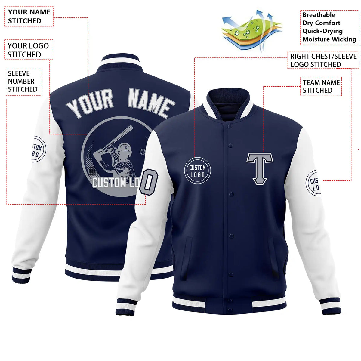 Custom Navy White Bomber Full-Snap Varsity Letterman Two Tone Jacket