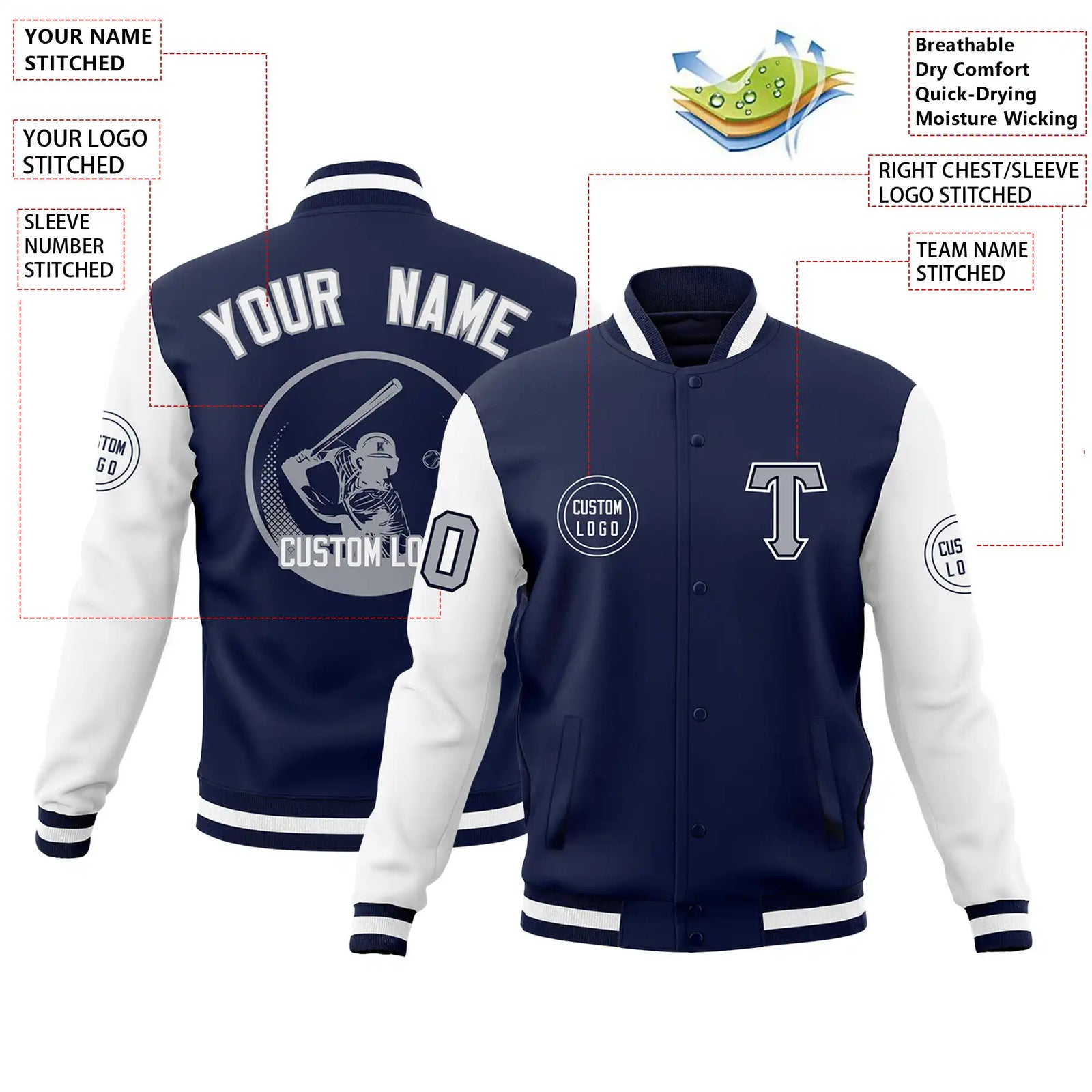 Custom Navy White Bomber Full-Snap Varsity Letterman Two Tone Jacket