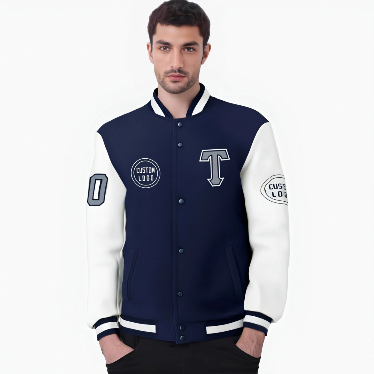 Custom Navy White Bomber Full-Snap Varsity Letterman Two Tone Jacket