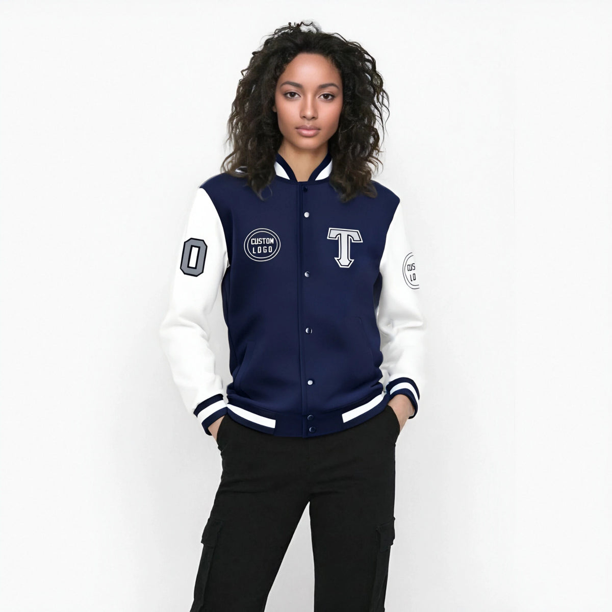 Custom Navy White Bomber Full-Snap Varsity Letterman Two Tone Jacket