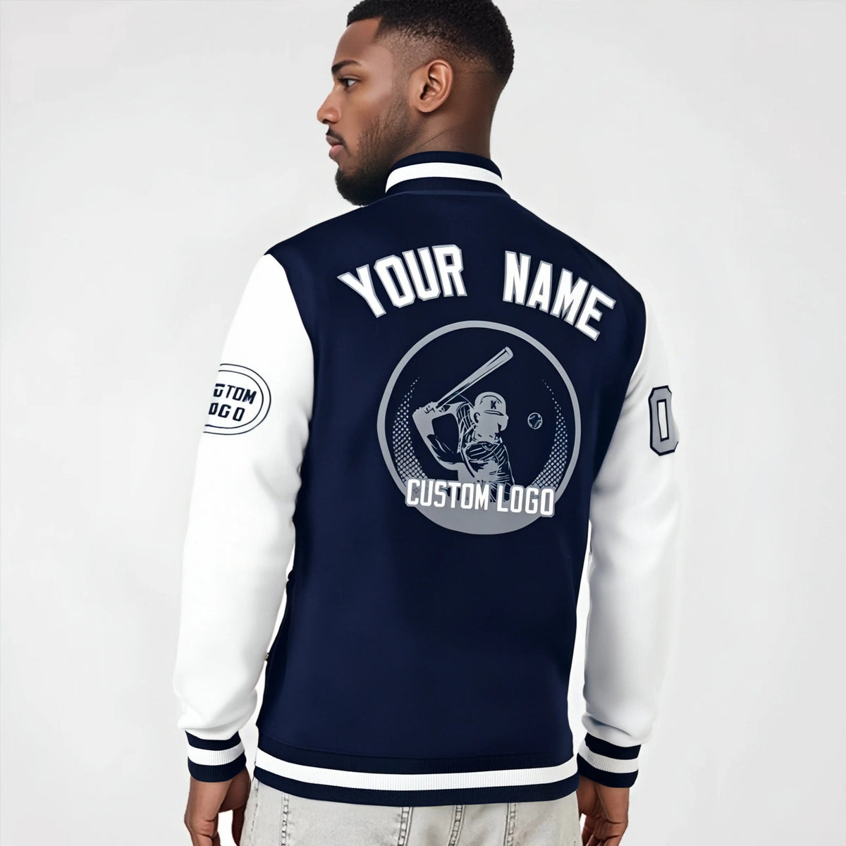 Custom Navy White Bomber Full-Snap Varsity Letterman Two Tone Jacket