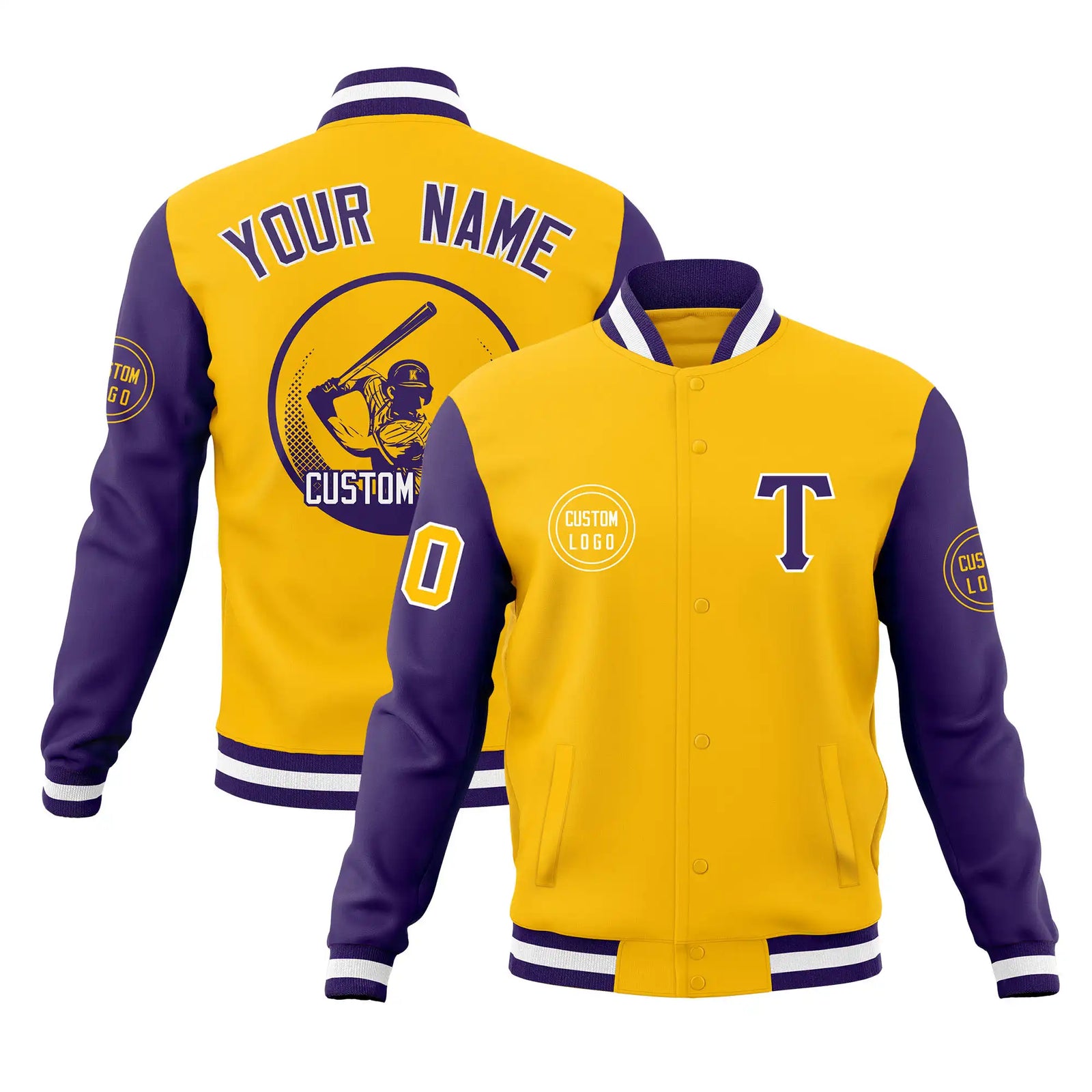 Custom Gold-1 Purple Bomber Full-Snap Varsity Letterman Two Tone Jacket