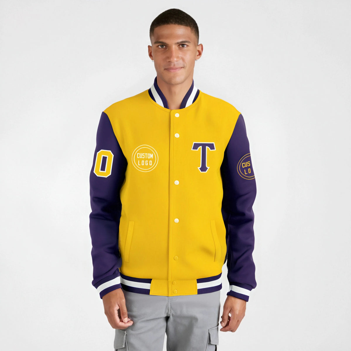 Custom Gold-1 Purple Bomber Full-Snap Varsity Letterman Two Tone Jacket