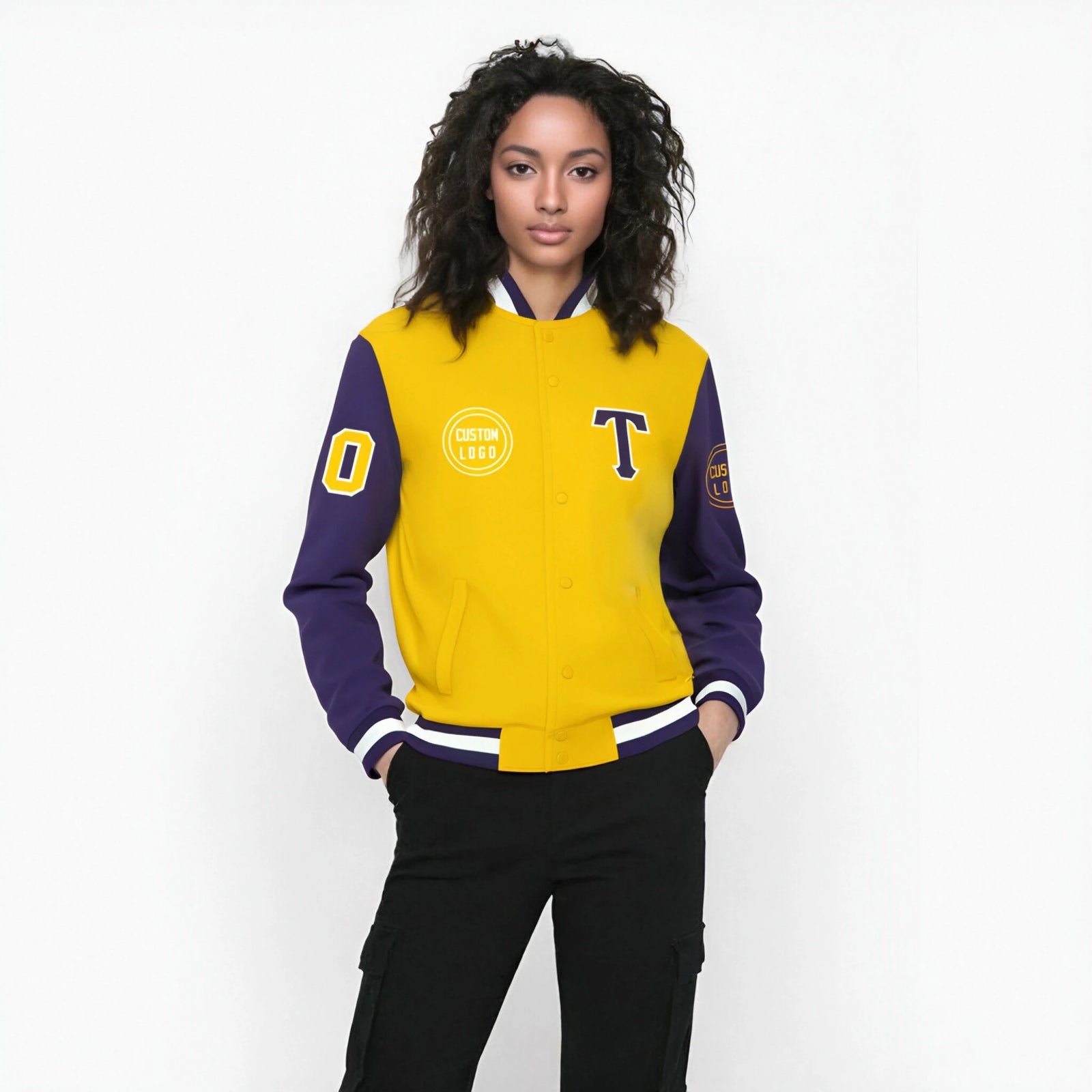 Custom Gold-1 Purple Bomber Full-Snap Varsity Letterman Two Tone Jacket