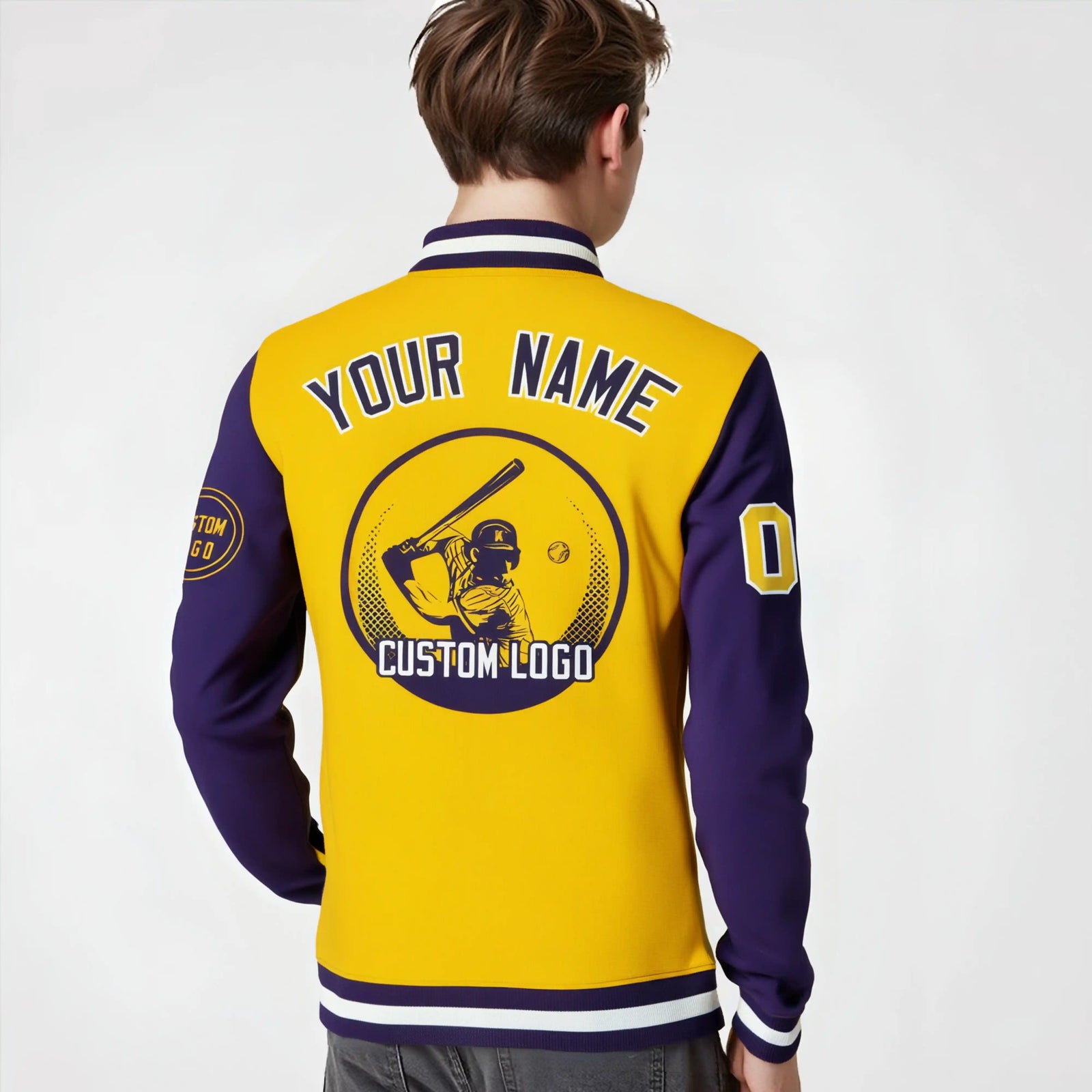 Custom Gold-1 Purple Bomber Full-Snap Varsity Letterman Two Tone Jacket
