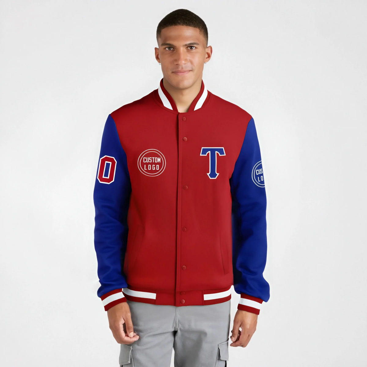 Custom Red Royal Blue Bomber Full-Snap Varsity Letterman Two Tone Jacket
