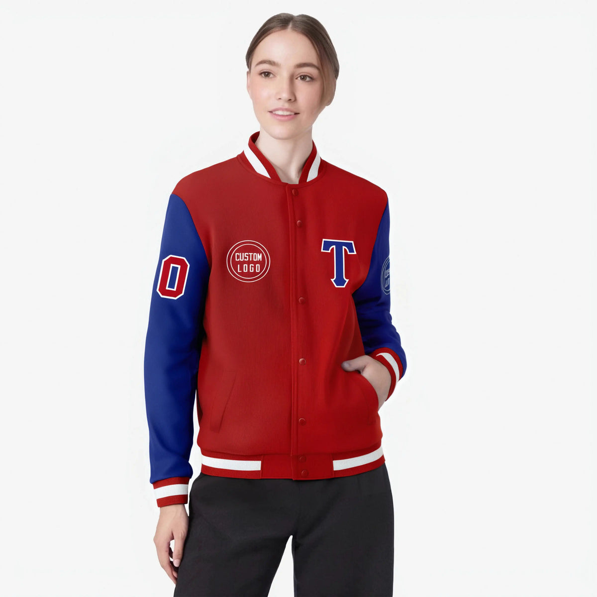 Custom Red Royal Blue Bomber Full-Snap Varsity Letterman Two Tone Jacket