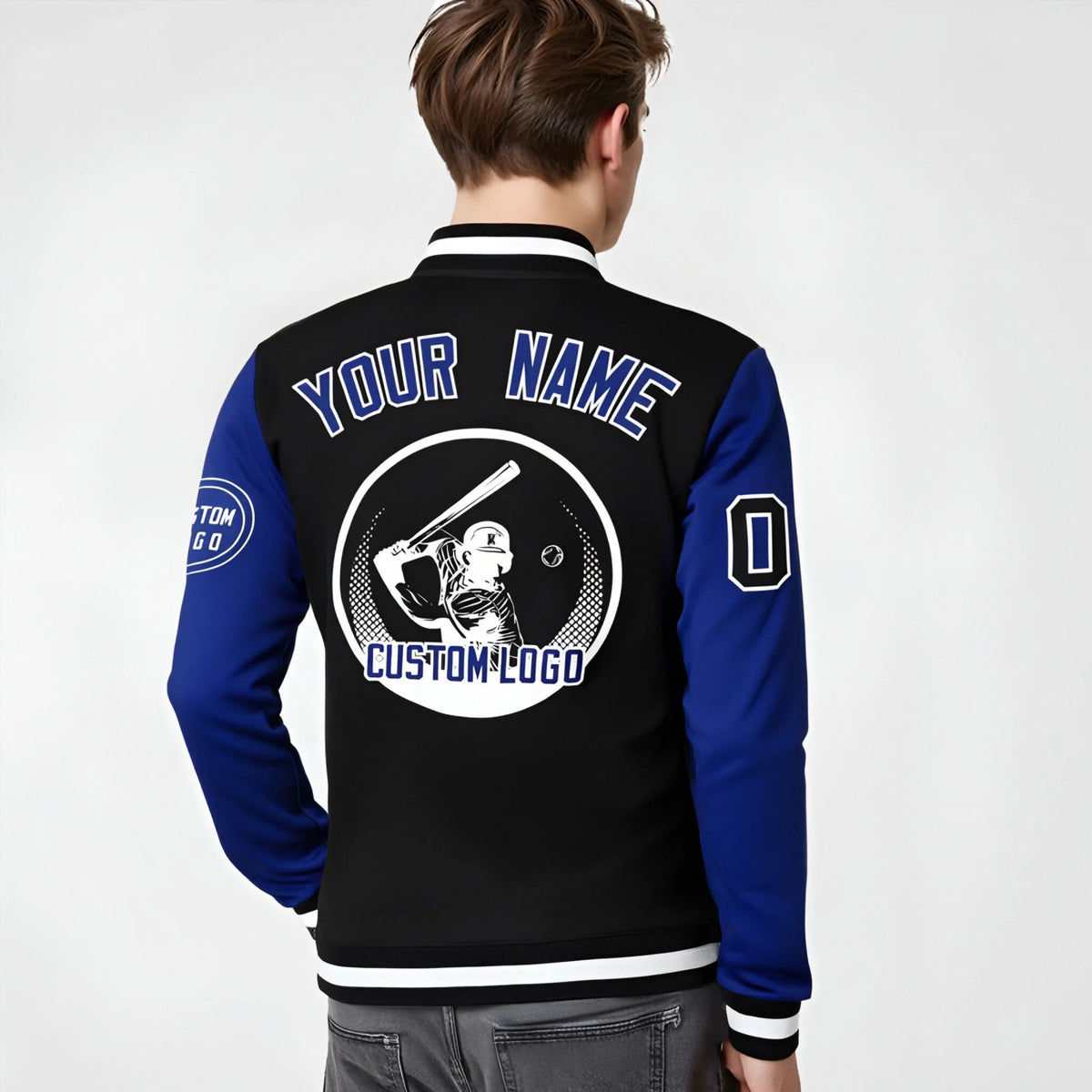 Custom Black Royal Blue Bomber Full-Snap Varsity Letterman Two Tone Jacket