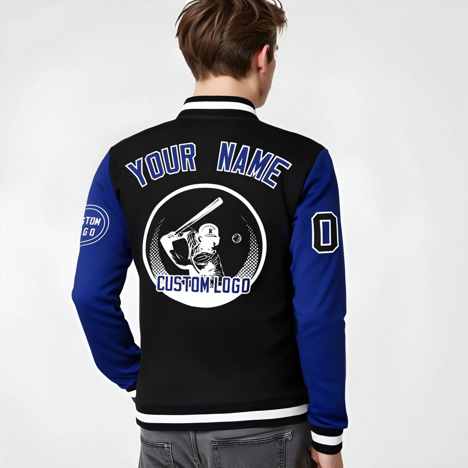 Custom Black Royal Blue Bomber Full-Snap Varsity Letterman Two Tone Jacket