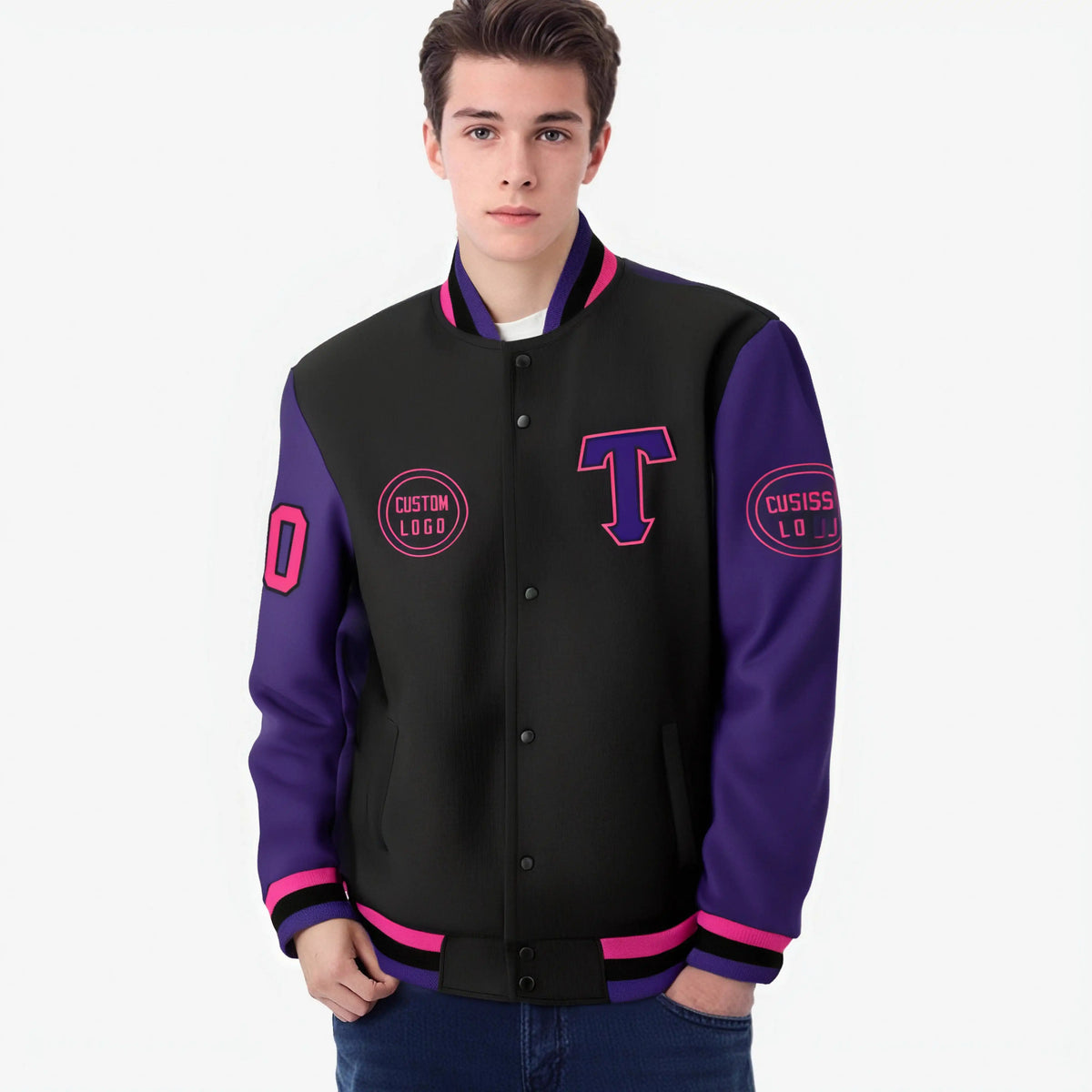Custom Black Purple Bomber Full-Snap Varsity Letterman Two Tone Jacket