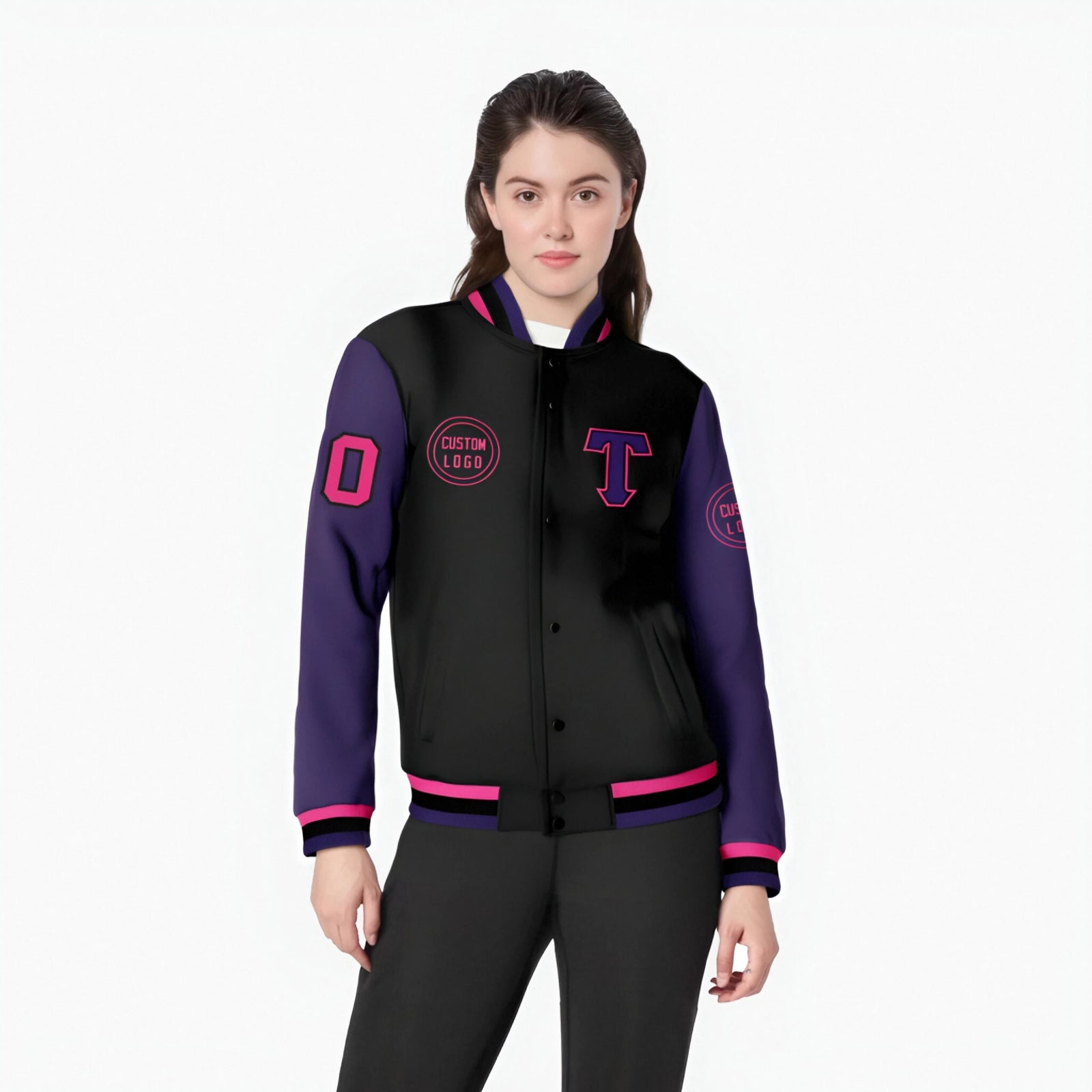 Custom Black Purple Bomber Full-Snap Varsity Letterman Two Tone Jacket
