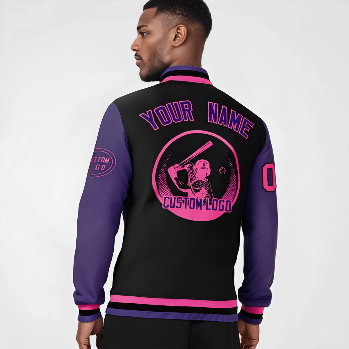 Custom Black Purple Bomber Full-Snap Varsity Letterman Two Tone Jacket