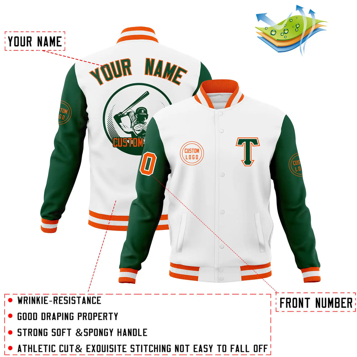 Custom White Green Bomber Full-Snap Varsity Letterman Two Tone Jacket