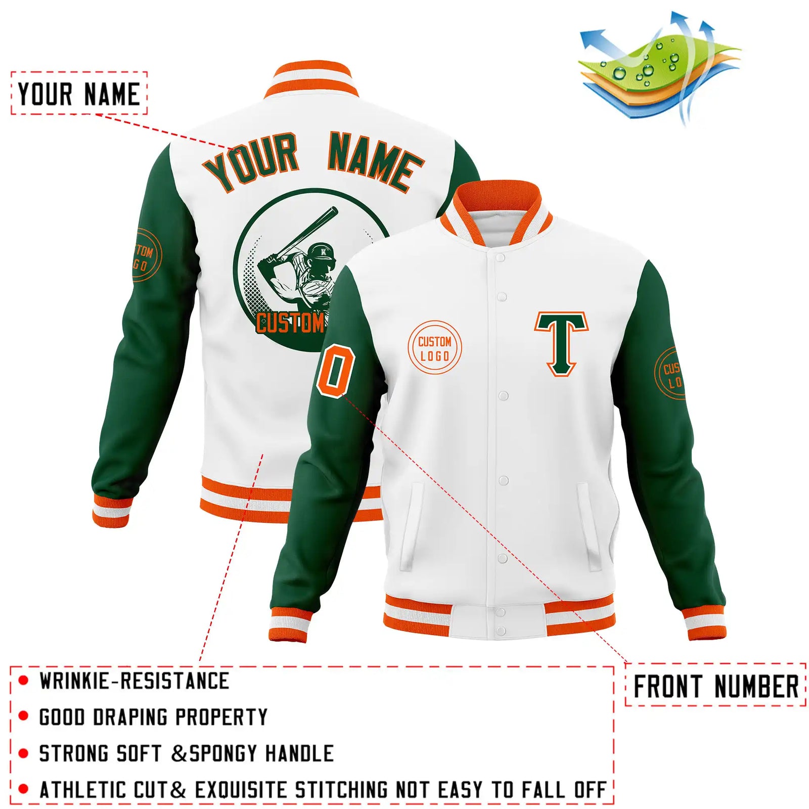 Custom White Green Bomber Full-Snap Varsity Letterman Two Tone Jacket