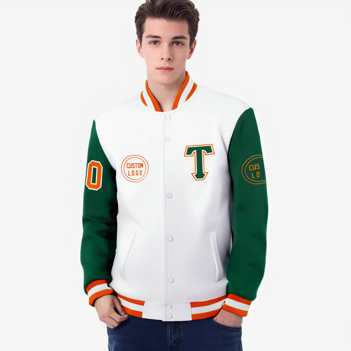 Custom White Green Bomber Full-Snap Varsity Letterman Two Tone Jacket