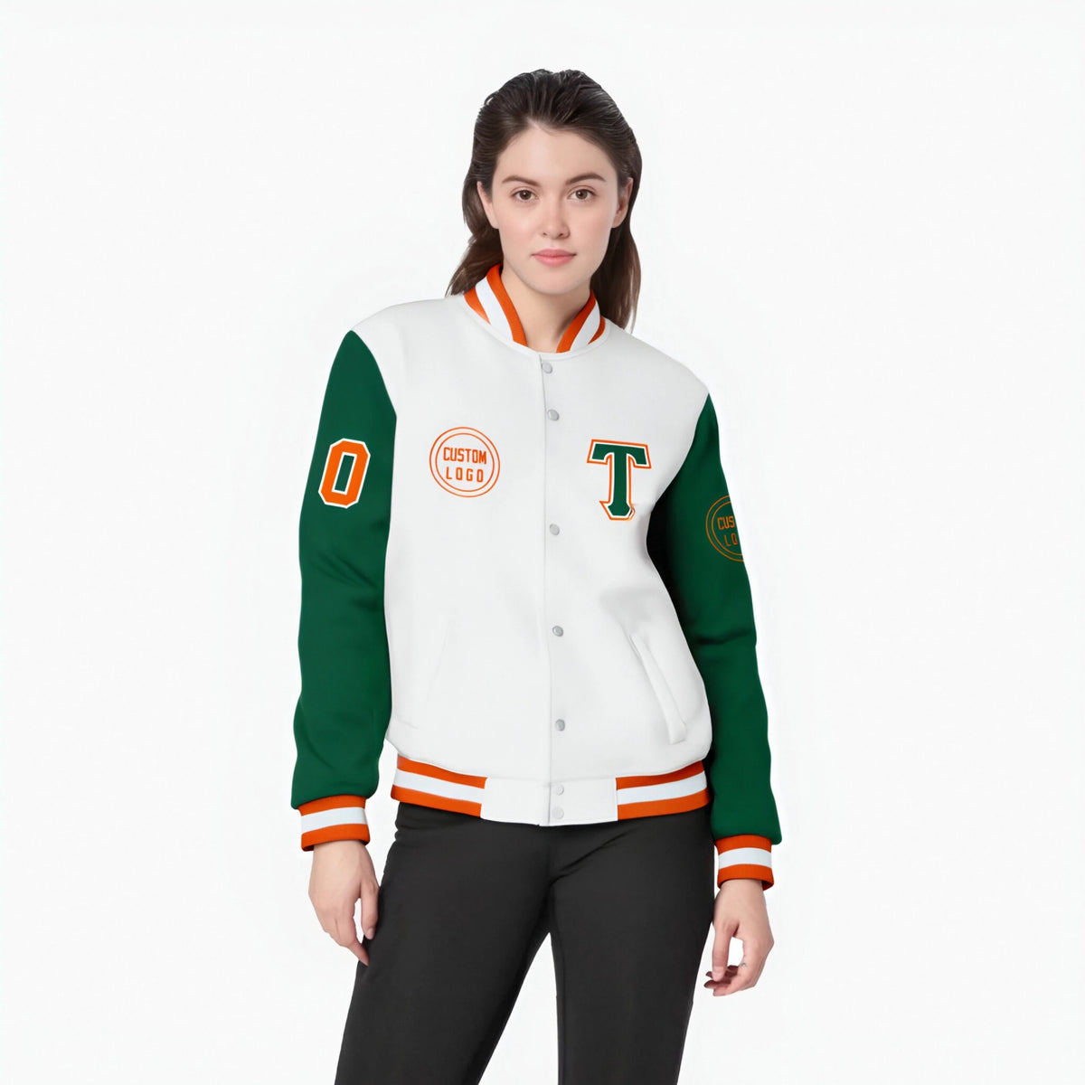 Custom White Green Bomber Full-Snap Varsity Letterman Two Tone Jacket