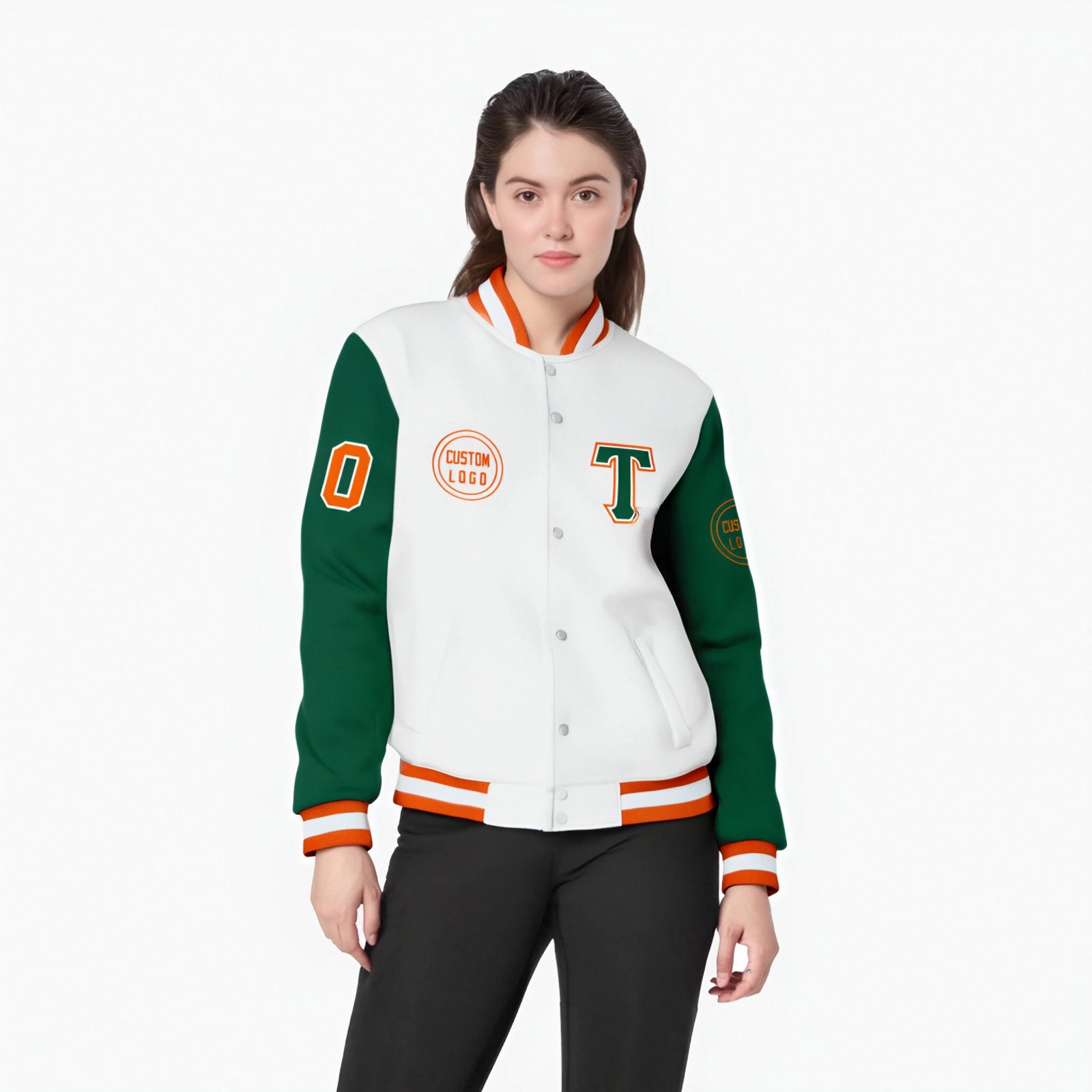 Custom White Green Bomber Full-Snap Varsity Letterman Two Tone Jacket