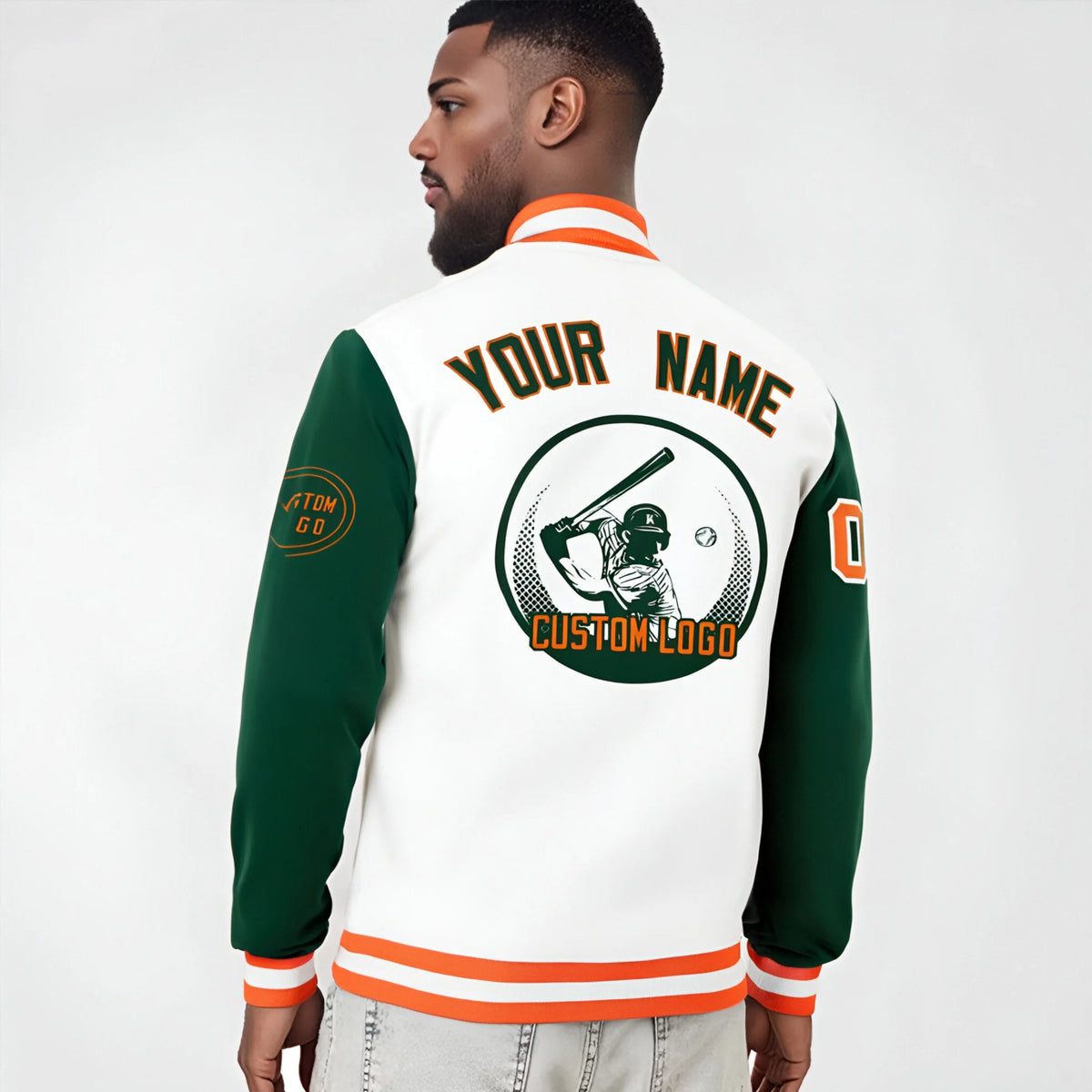 Custom White Green Bomber Full-Snap Varsity Letterman Two Tone Jacket