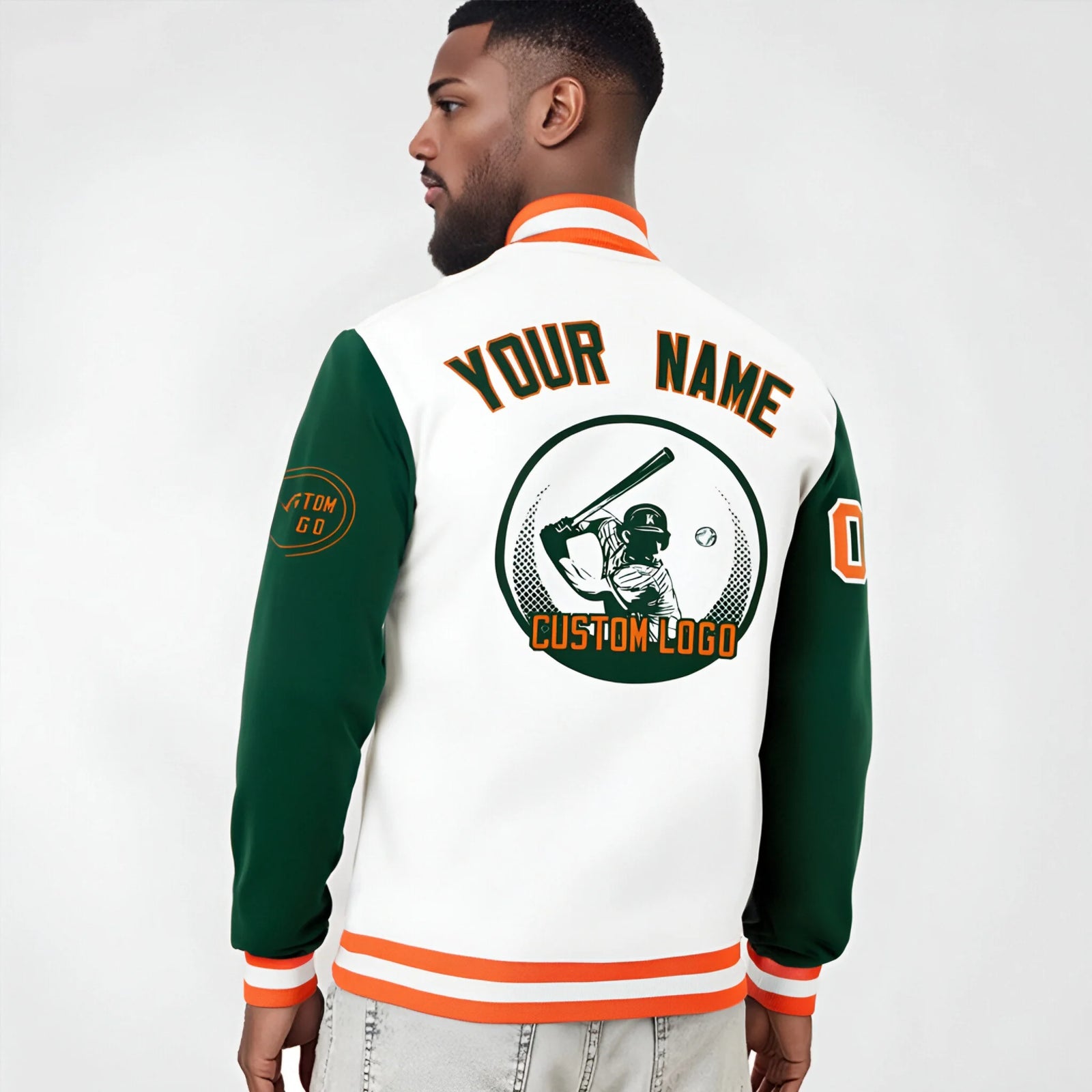 Custom White Green Bomber Full-Snap Varsity Letterman Two Tone Jacket