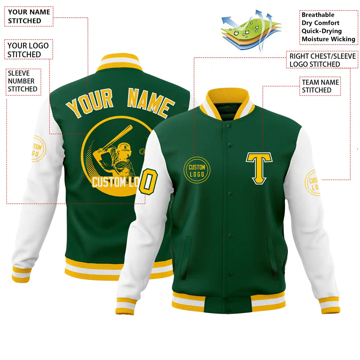Custom Green White Bomber Full-Snap Varsity Letterman Two Tone Jacket