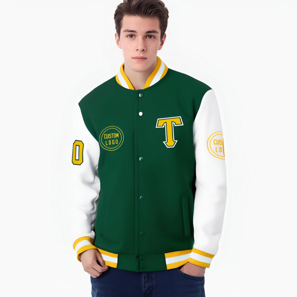 Custom Green White Bomber Full-Snap Varsity Letterman Two Tone Jacket