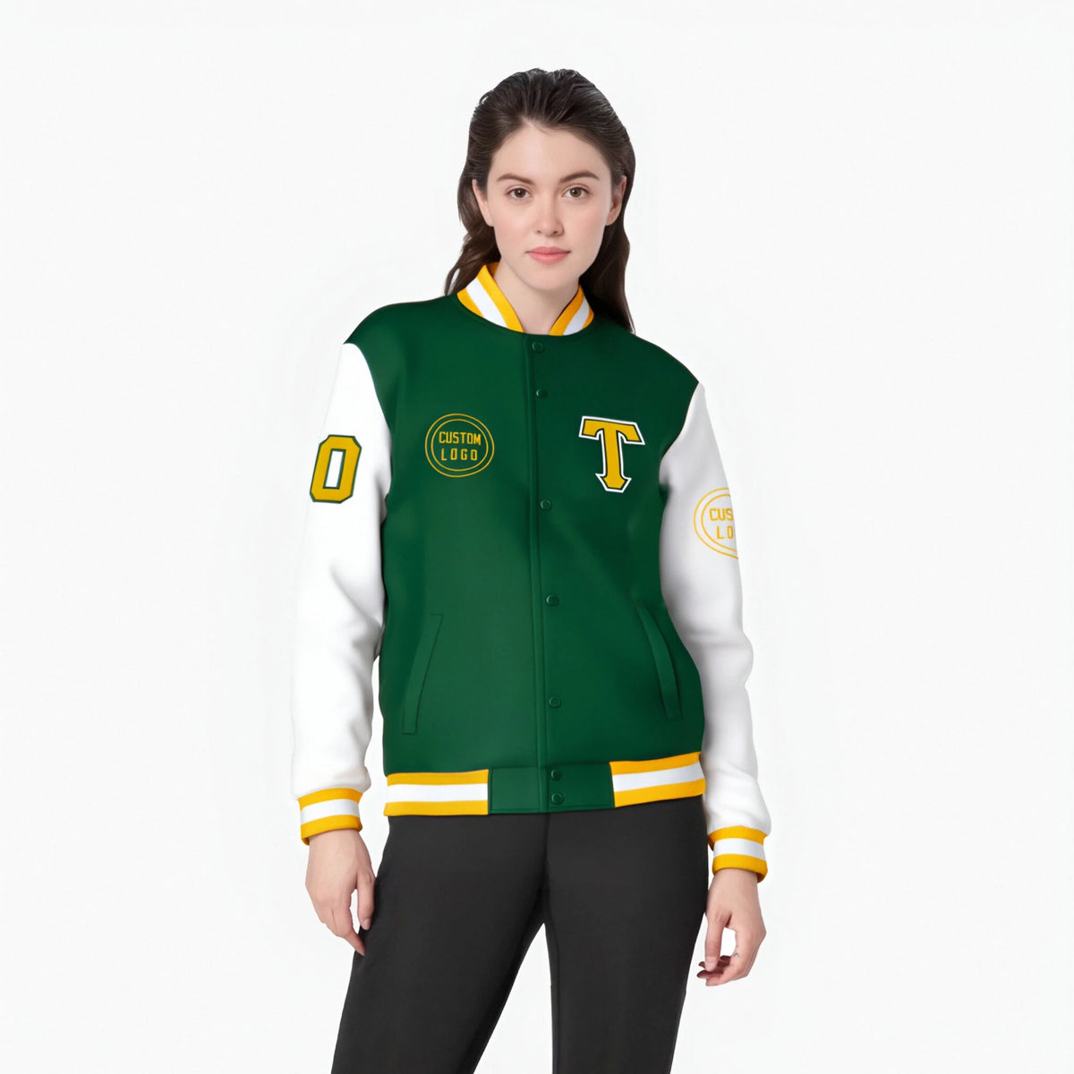 Custom Green White Bomber Full-Snap Varsity Letterman Two Tone Jacket