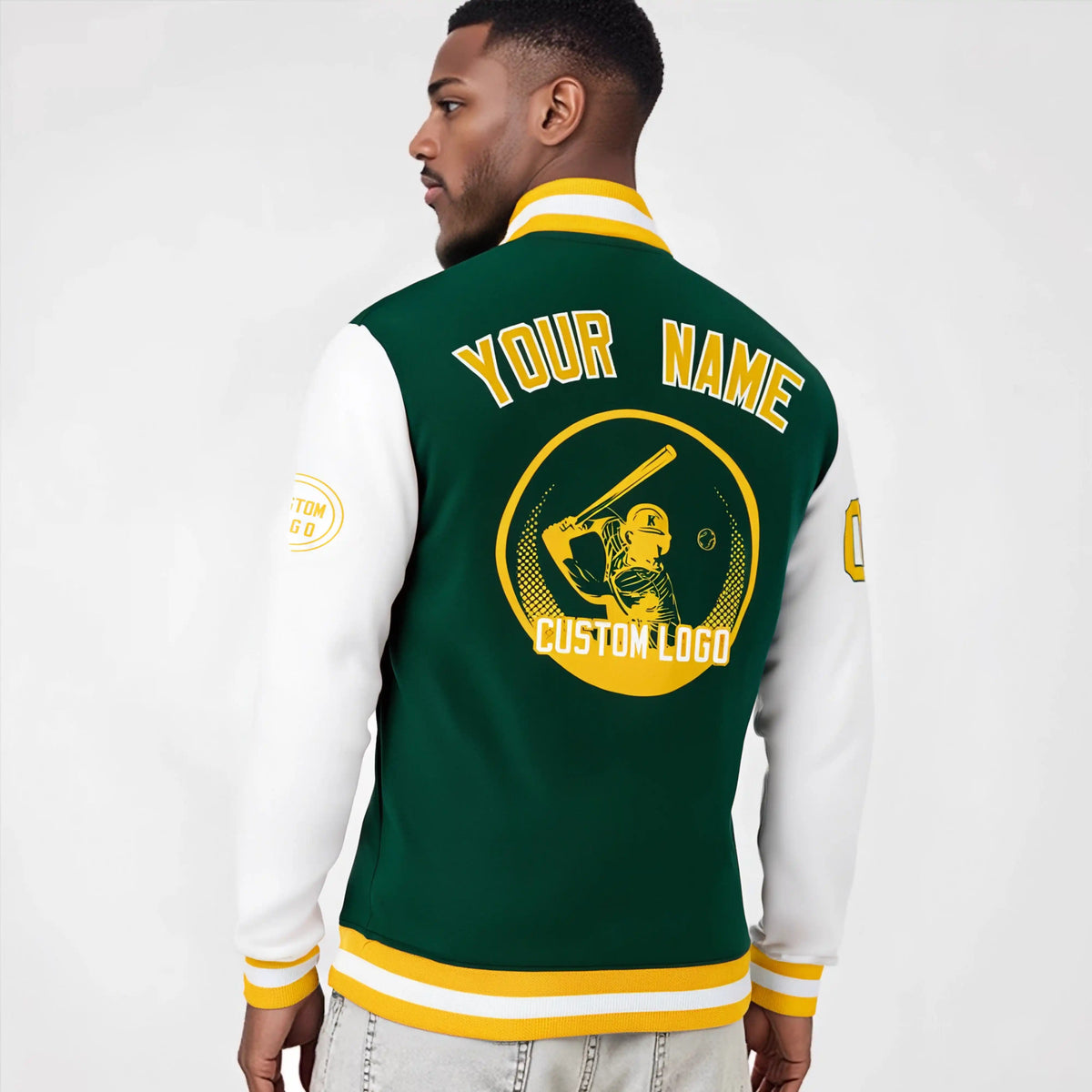 Custom Green White Bomber Full-Snap Varsity Letterman Two Tone Jacket