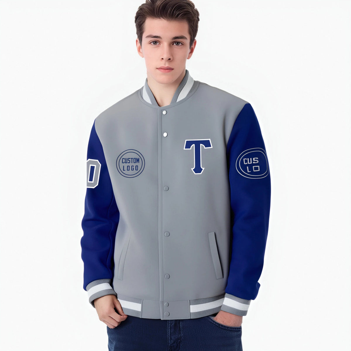 Custom Gray Royal Blue Bomber Full-Snap Varsity Letterman Two Tone Jacket