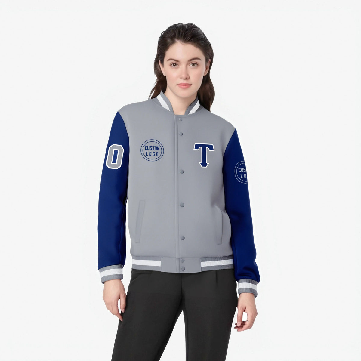 Custom Gray Royal Blue Bomber Full-Snap Varsity Letterman Two Tone Jacket