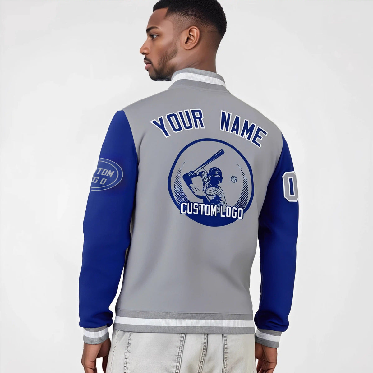 Custom Gray Royal Blue Bomber Full-Snap Varsity Letterman Two Tone Jacket