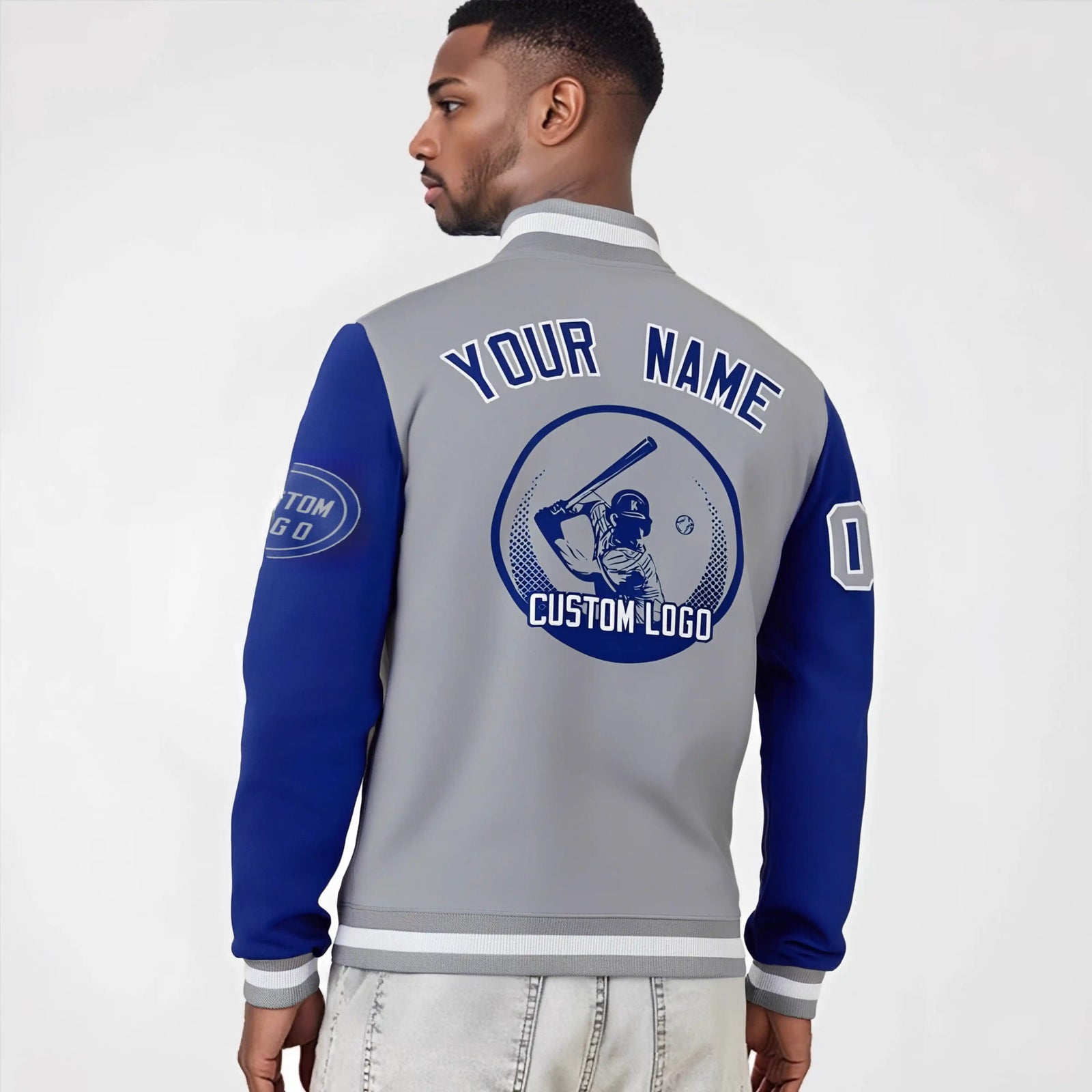 Custom Gray Royal Blue Bomber Full-Snap Varsity Letterman Two Tone Jacket