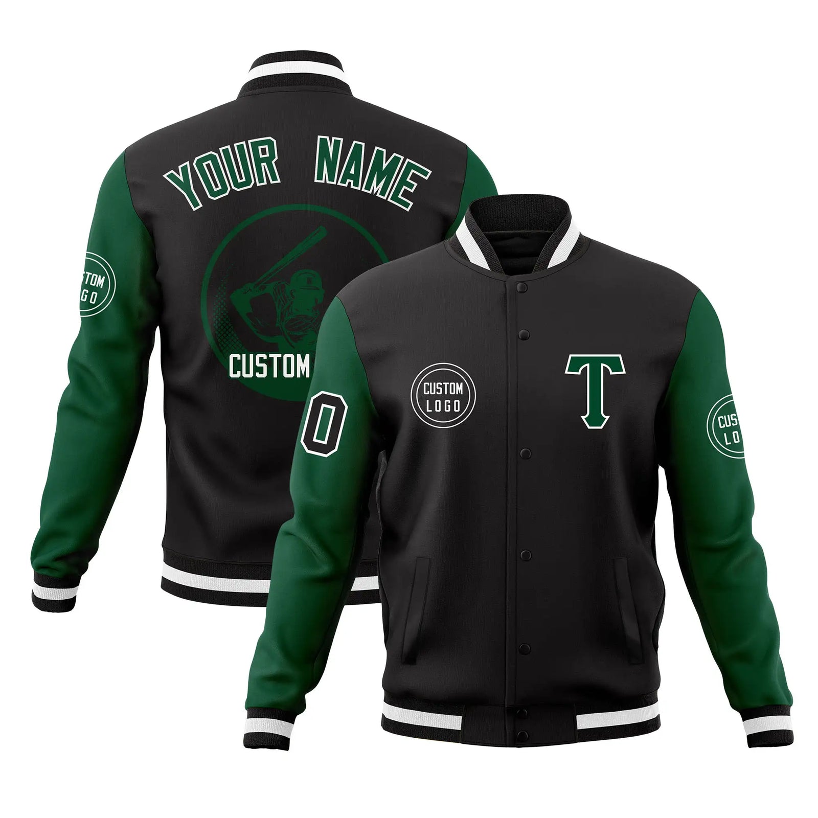 Custom Black Green Bomber Full-Snap Varsity Letterman Two Tone Jacket
