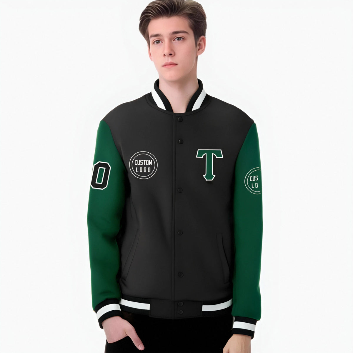 Custom Black Green Bomber Full-Snap Varsity Letterman Two Tone Jacket