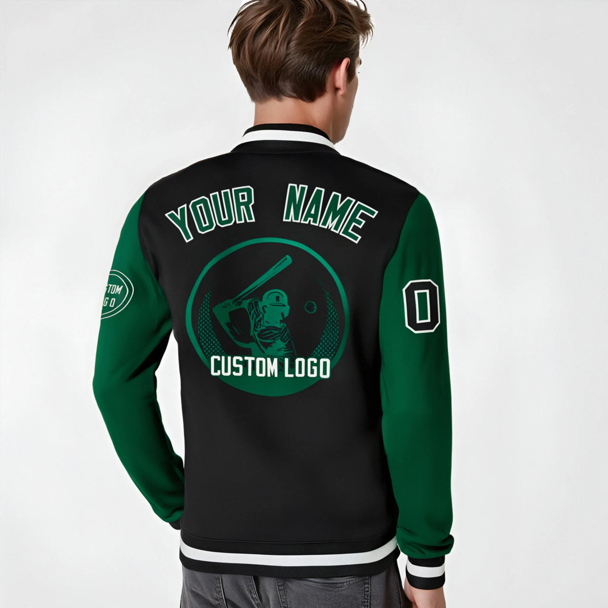 Custom Black Green Bomber Full-Snap Varsity Letterman Two Tone Jacket