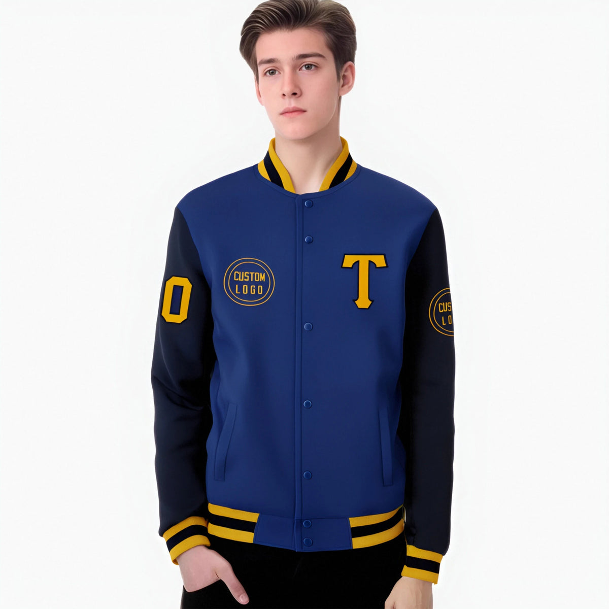 Custom Royal Blue Navy Bomber Full-Snap Varsity Letterman Two Tone Jacket