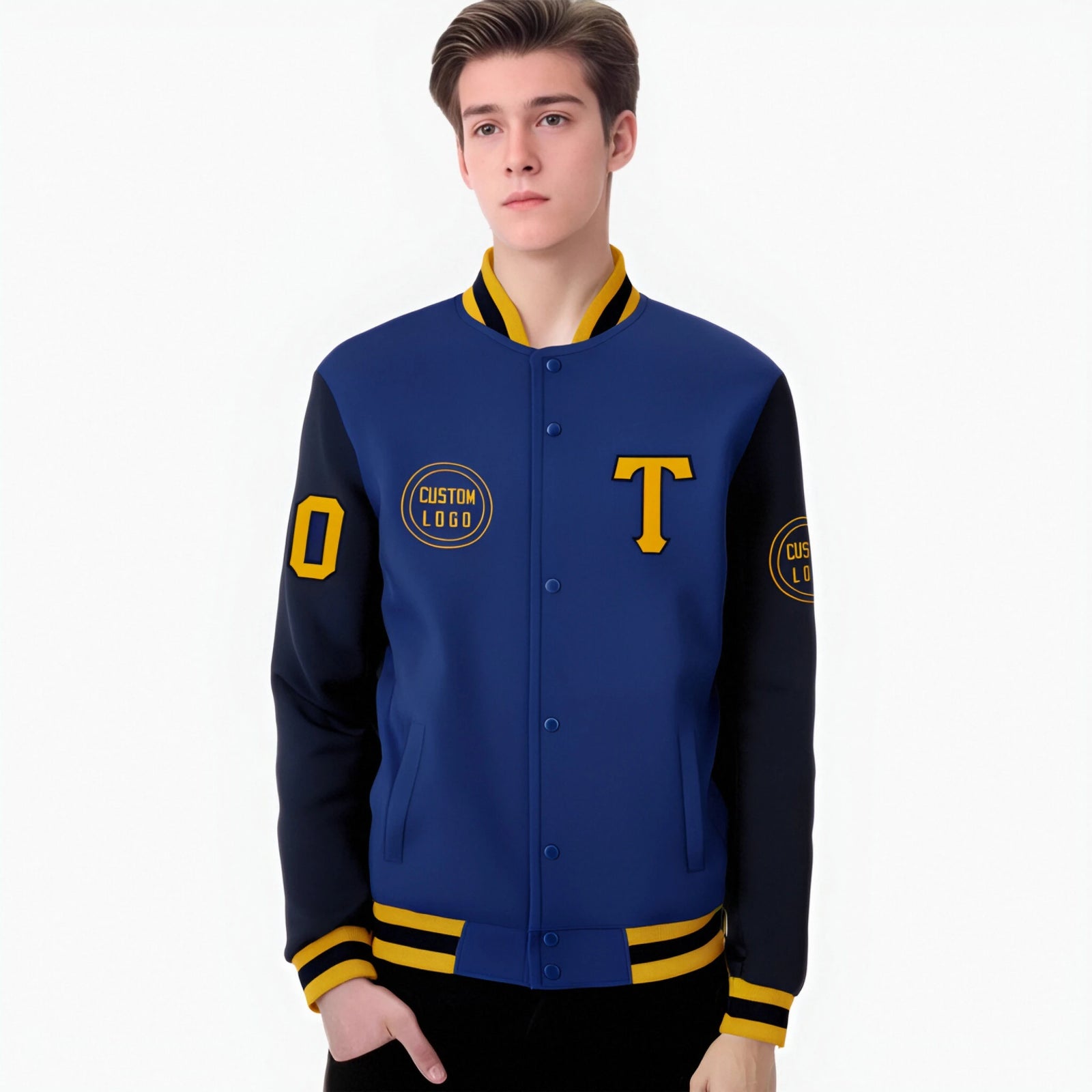 Custom Royal Blue Navy Bomber Full-Snap Varsity Letterman Two Tone Jacket