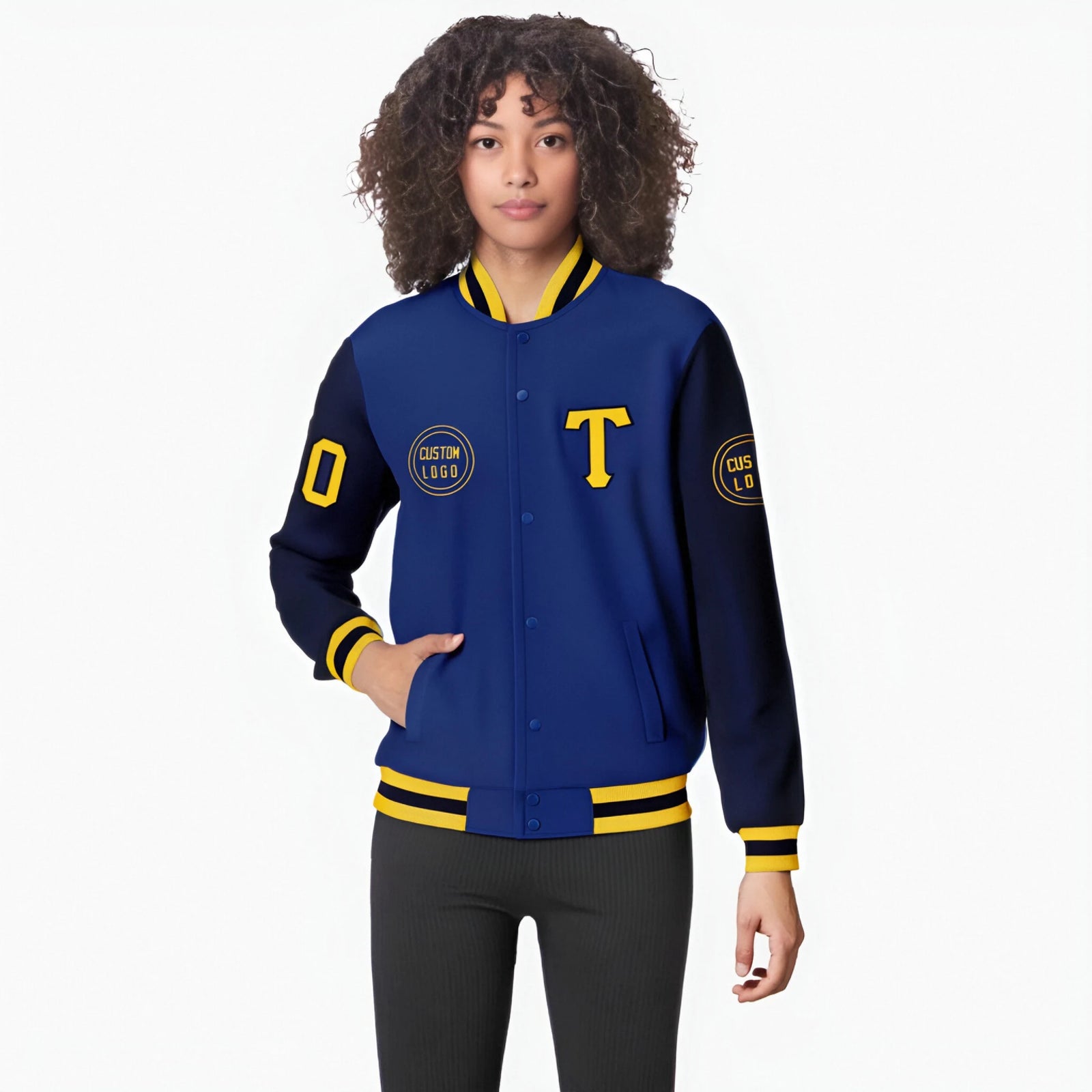 Custom Royal Blue Navy Bomber Full-Snap Varsity Letterman Two Tone Jacket