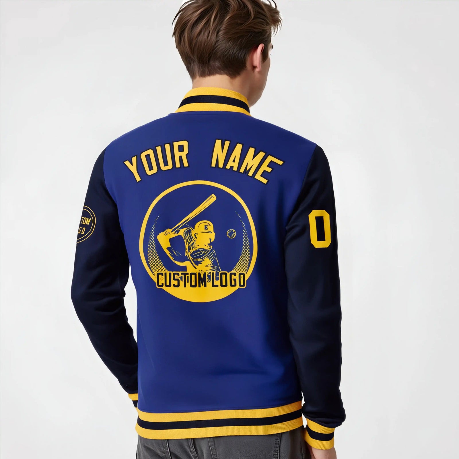Custom Royal Blue Navy Bomber Full-Snap Varsity Letterman Two Tone Jacket