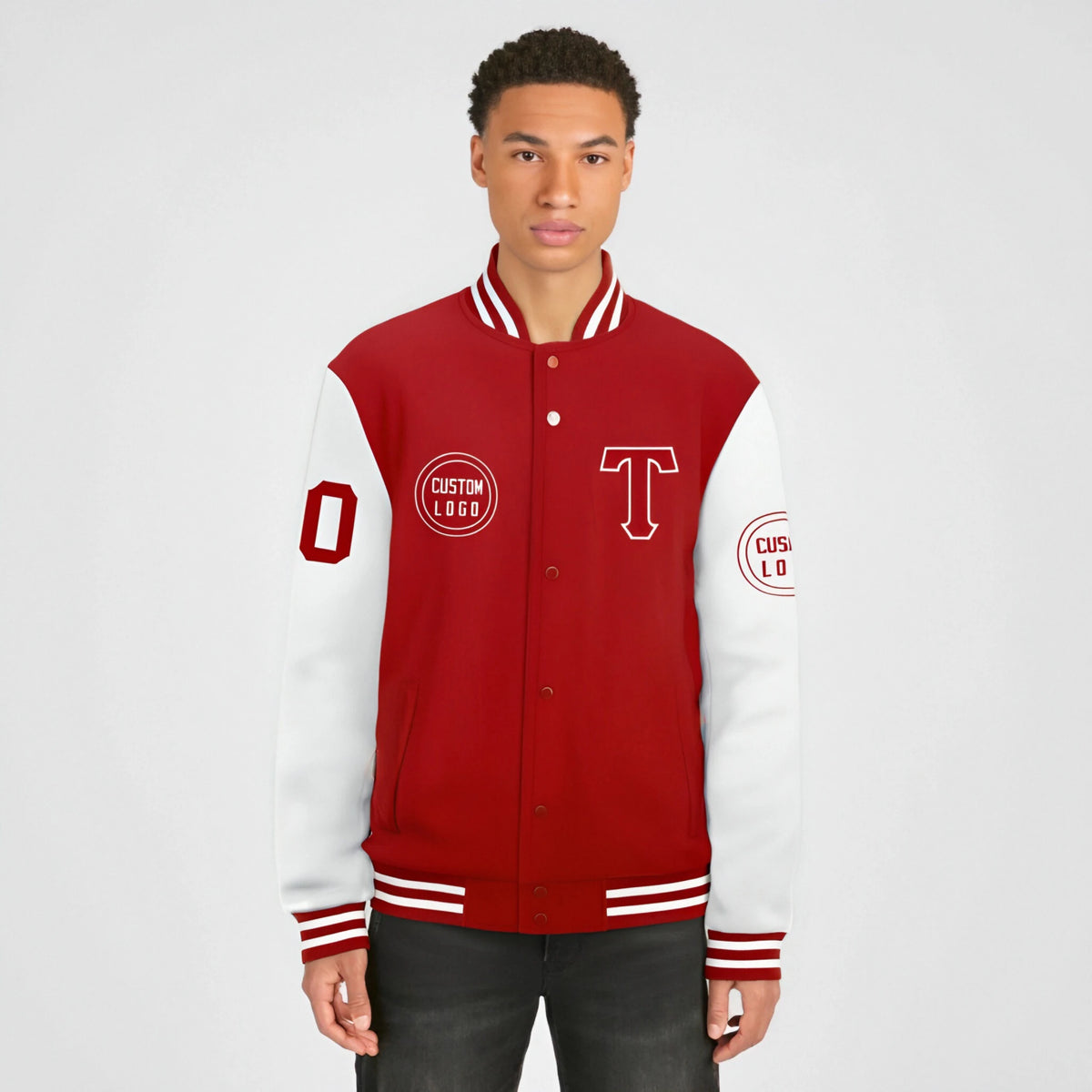 Custom Red White Bomber Full-Snap Varsity Letterman Two Tone Jacket