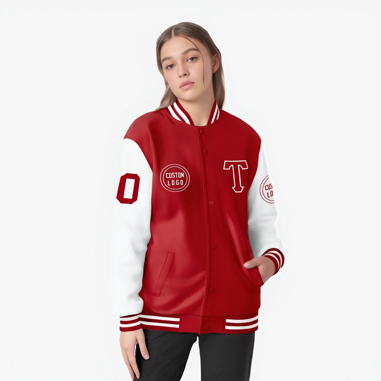 Custom Red White Bomber Full-Snap Varsity Letterman Two Tone Jacket