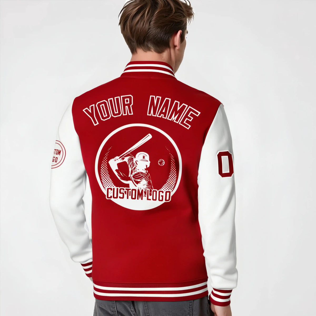 Custom Red White Bomber Full-Snap Varsity Letterman Two Tone Jacket