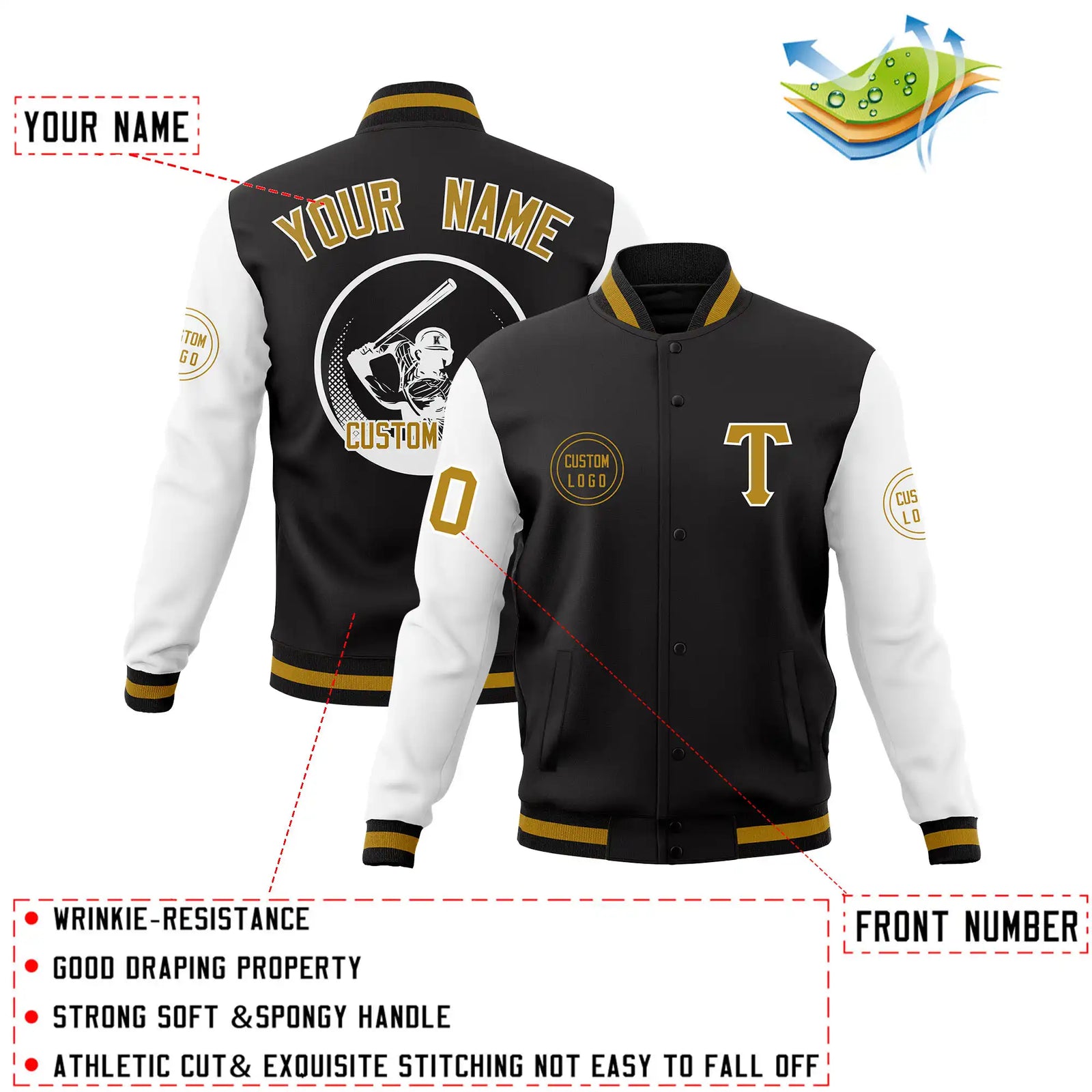 Custom Black White Bomber Full-Snap Varsity Letterman Two Tone Jacket