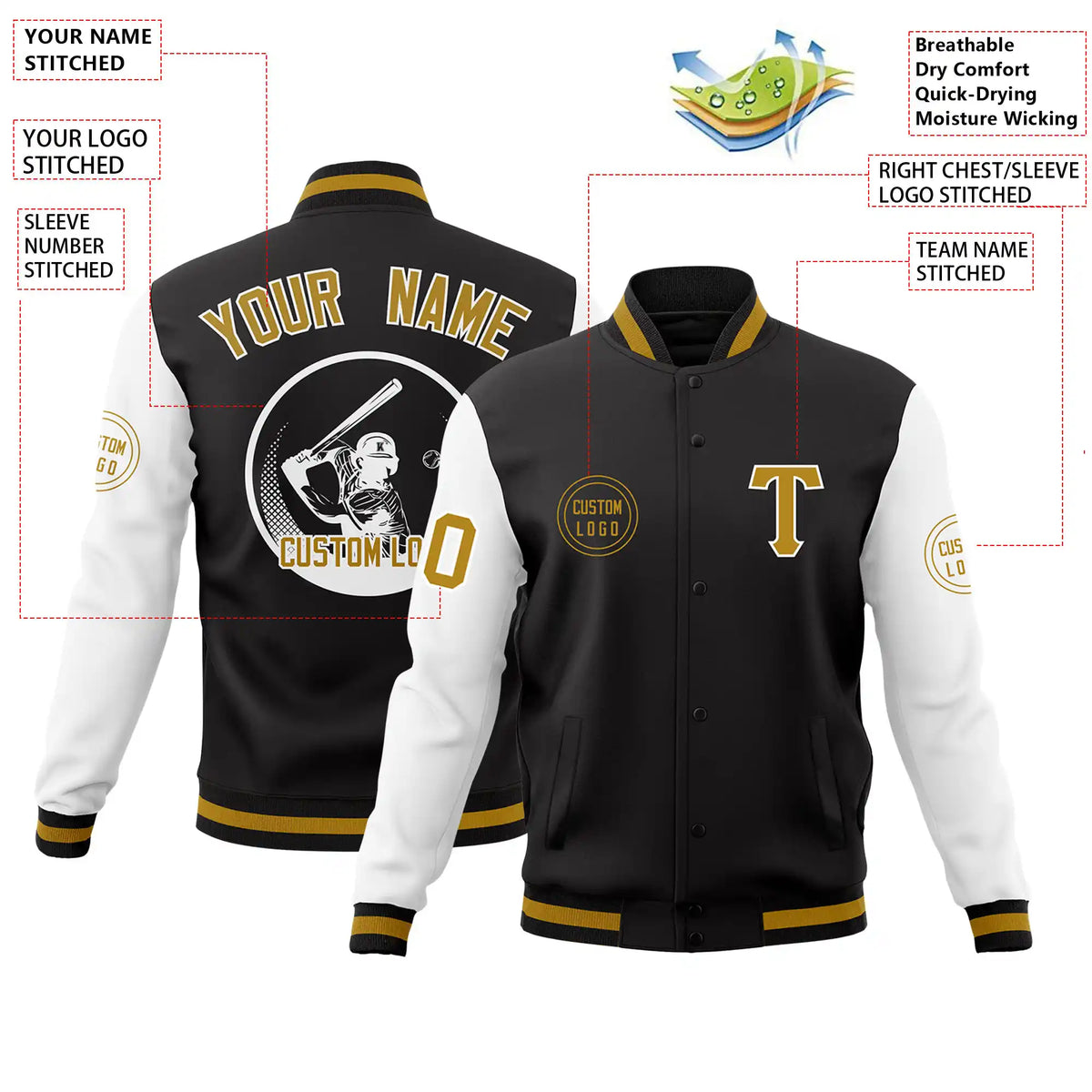 Custom Black White Bomber Full-Snap Varsity Letterman Two Tone Jacket