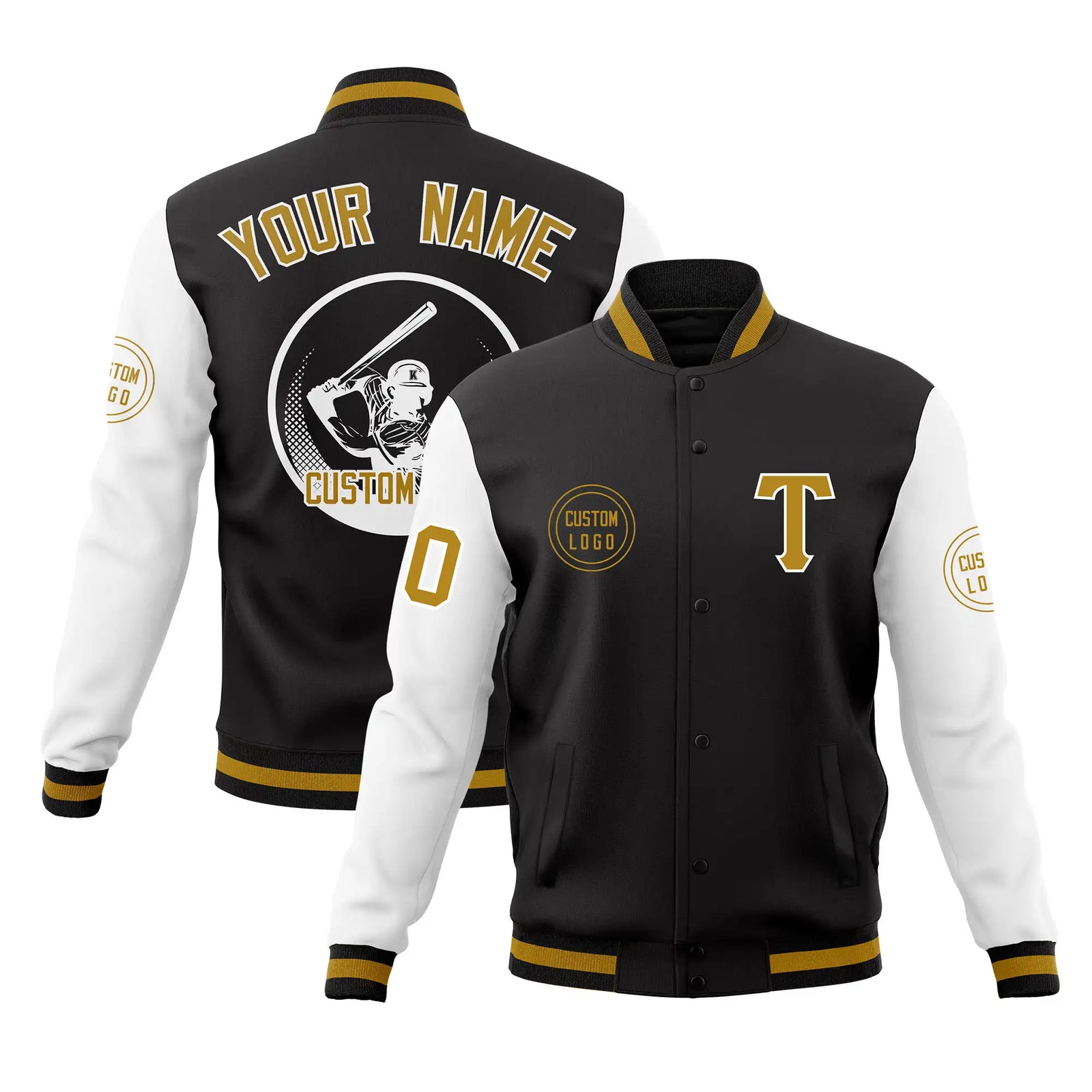 Custom Black White Bomber Full-Snap Varsity Letterman Two Tone Jacket