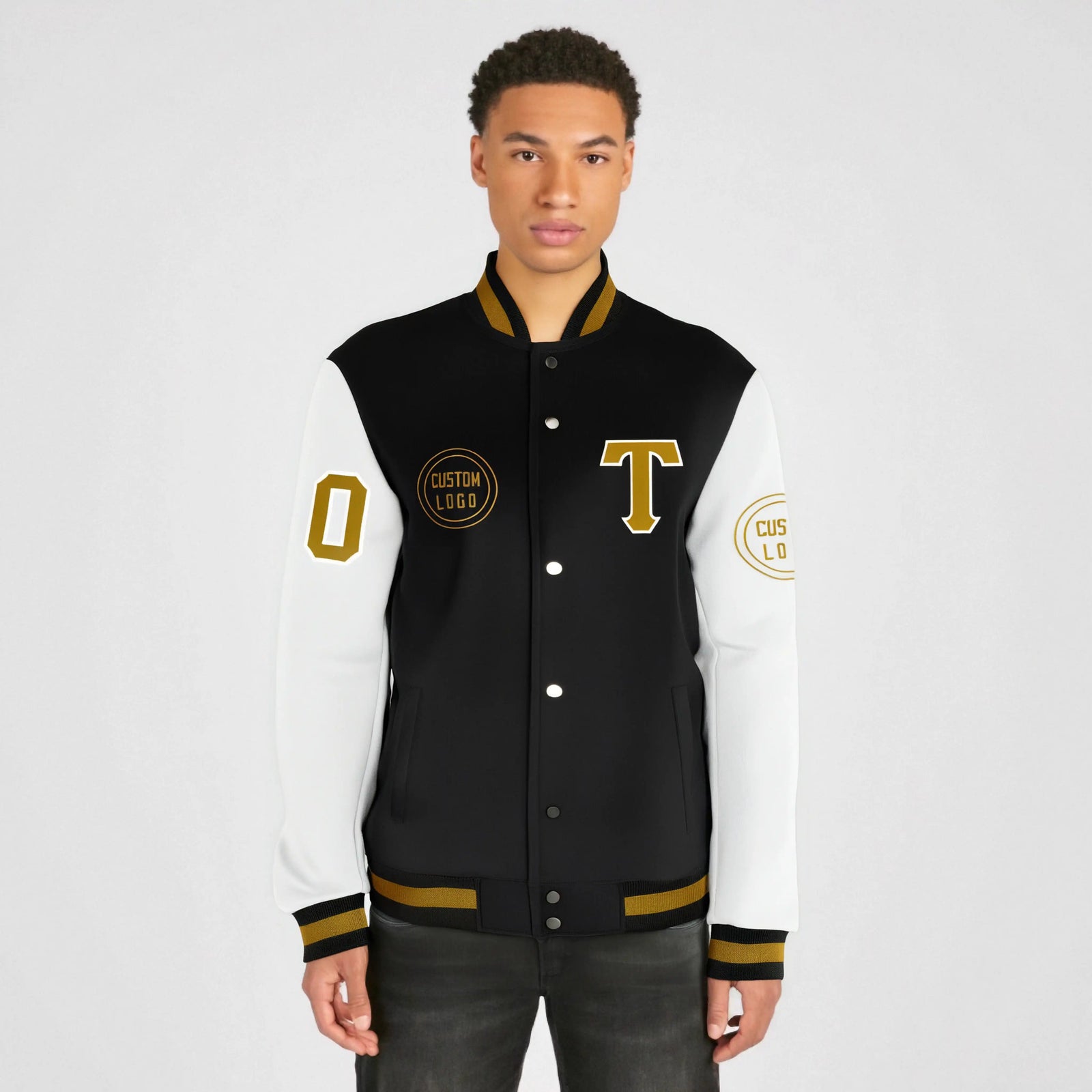 Custom Black White Bomber Full-Snap Varsity Letterman Two Tone Jacket