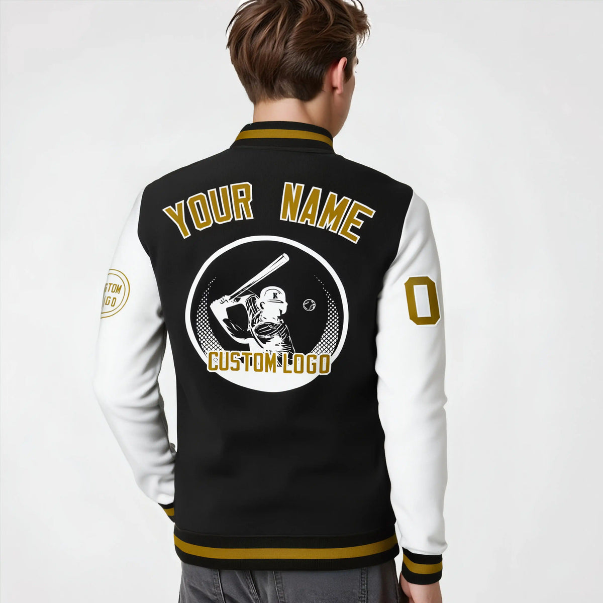 Custom Black White Bomber Full-Snap Varsity Letterman Two Tone Jacket
